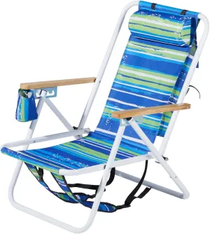 Folding Beach Chair - 4 Position Reclining, Portable Backpack Design, Headrest, Cup Holder & Wooden Armrests, Heavy-Duty Steel Frame, Perfect for Camping, Beach, and Outdoor Use (1, Blue & Green)