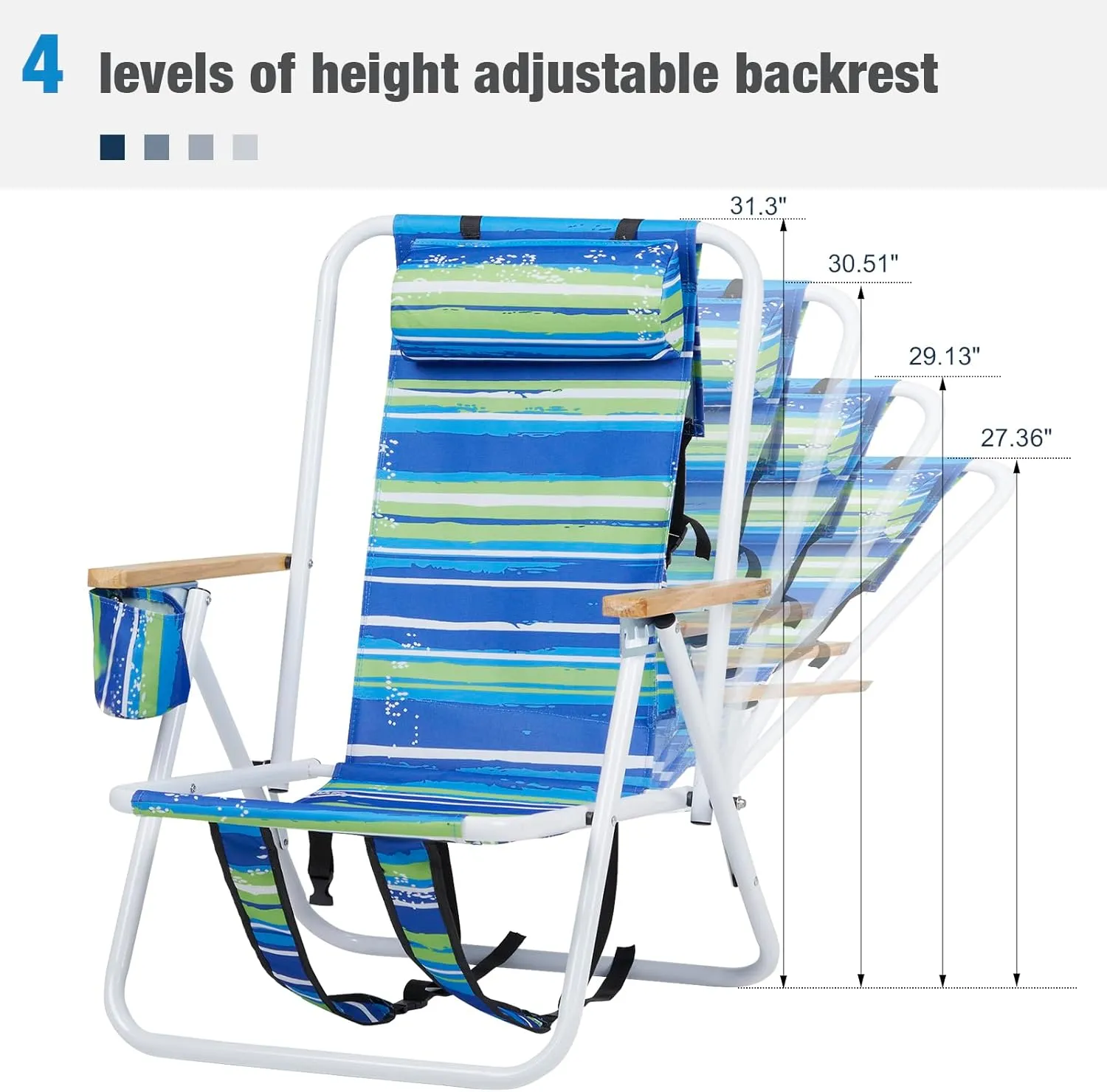 Folding Beach Chair - 4 Position Reclining, Portable Backpack Design, Headrest, Cup Holder & Wooden Armrests, Heavy-Duty Steel Frame, Perfect for Camping, Beach, and Outdoor Use (1, Blue & Green)