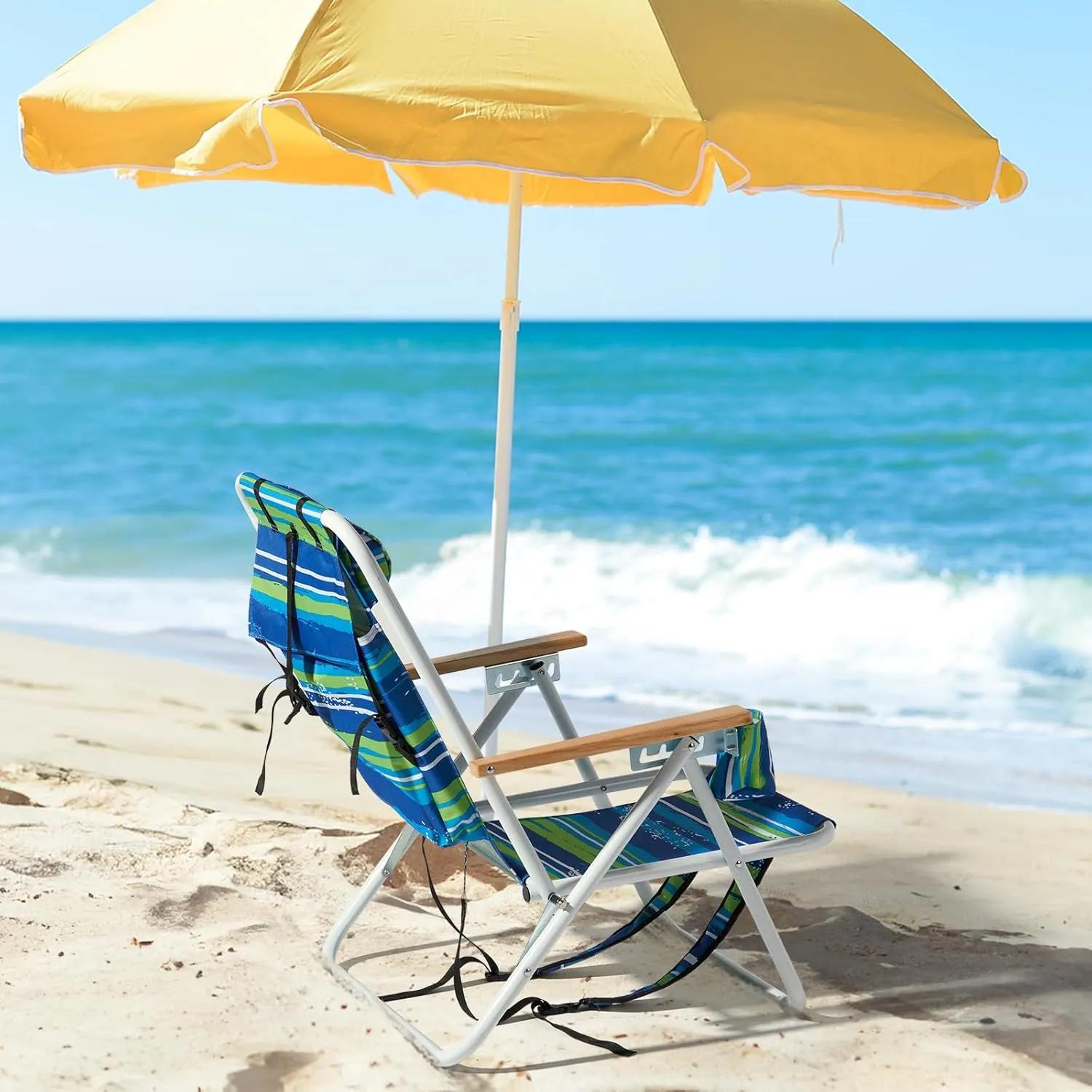 Folding Beach Chair - 4 Position Reclining, Portable Backpack Design, Headrest, Cup Holder & Wooden Armrests, Heavy-Duty Steel Frame, Perfect for Camping, Beach, and Outdoor Use (1, Blue & Green)