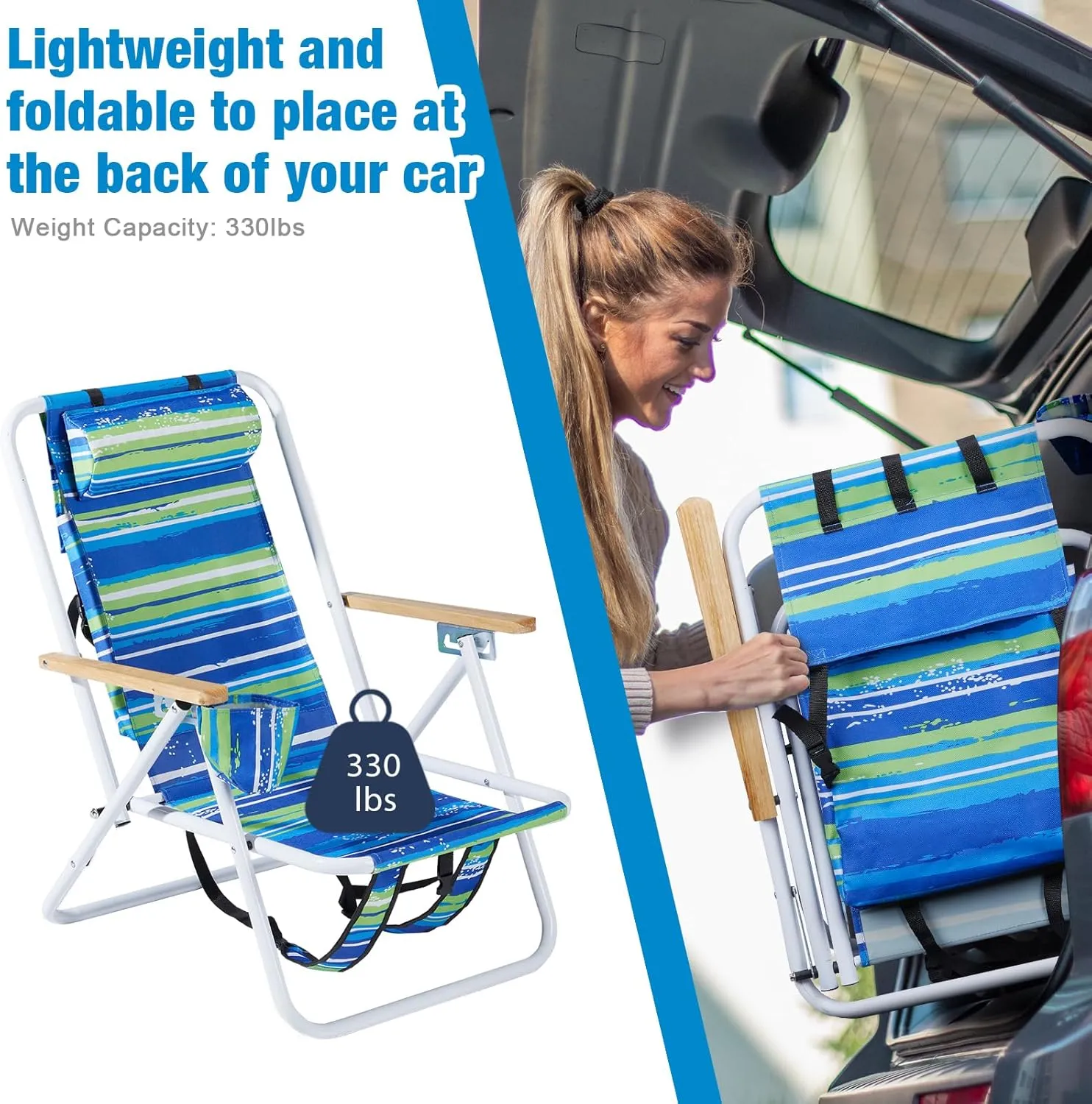 Folding Beach Chair - 4 Position Reclining, Portable Backpack Design, Headrest, Cup Holder & Wooden Armrests, Heavy-Duty Steel Frame, Perfect for Camping, Beach, and Outdoor Use (1, Blue & Green)