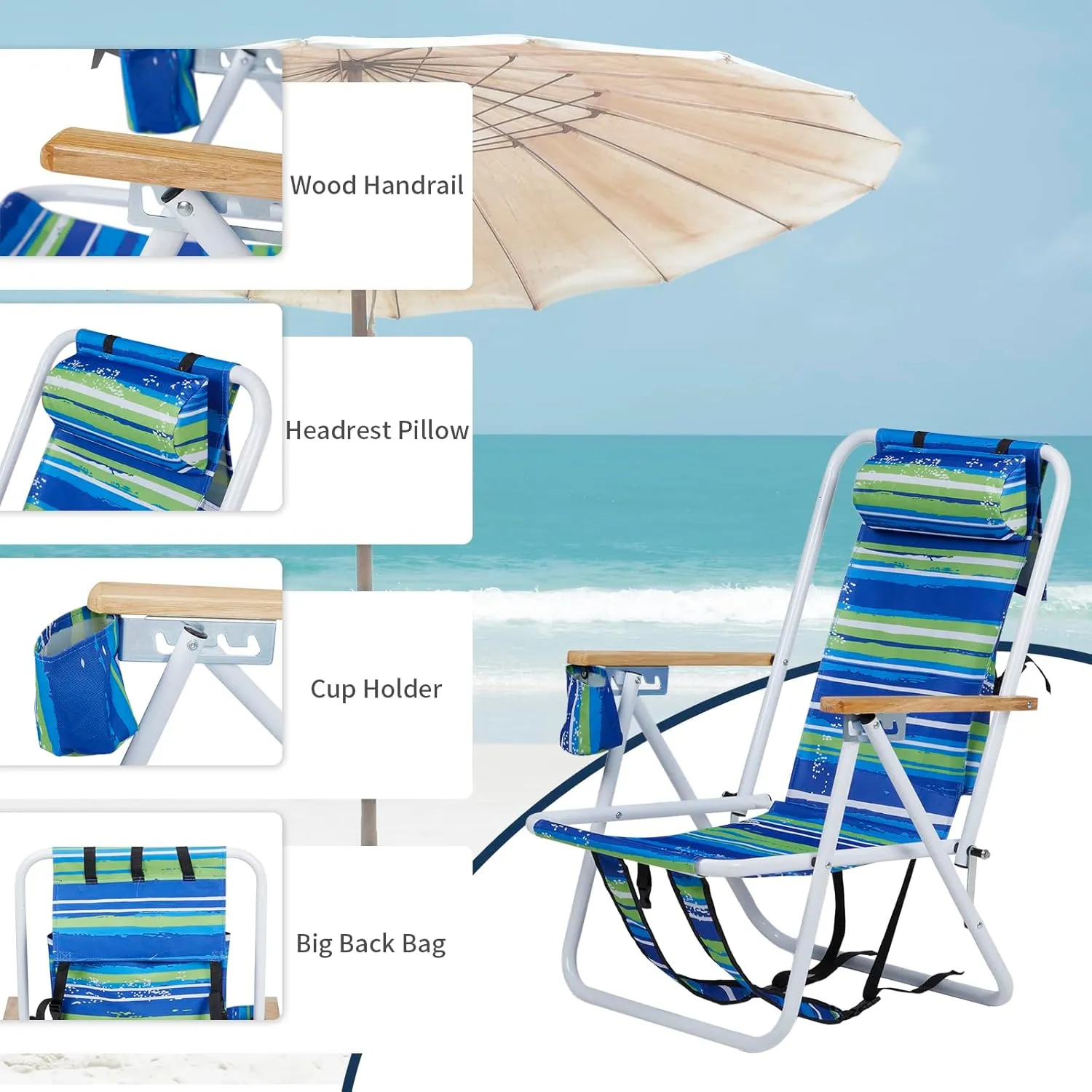 Folding Beach Chair - 4 Position Reclining, Portable Backpack Design, Headrest, Cup Holder & Wooden Armrests, Heavy-Duty Steel Frame, Perfect for Camping, Beach, and Outdoor Use (1, Blue & Green)