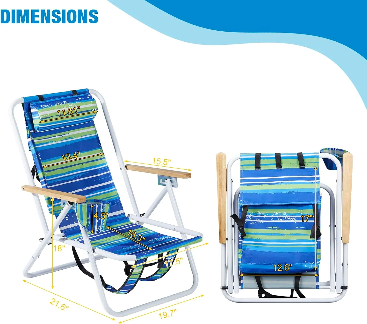 Folding Beach Chair - 4 Position Reclining, Portable Backpack Design, Headrest, Cup Holder & Wooden Armrests, Heavy-Duty Steel Frame, Perfect for Camping, Beach, and Outdoor Use (1, Blue & Green)