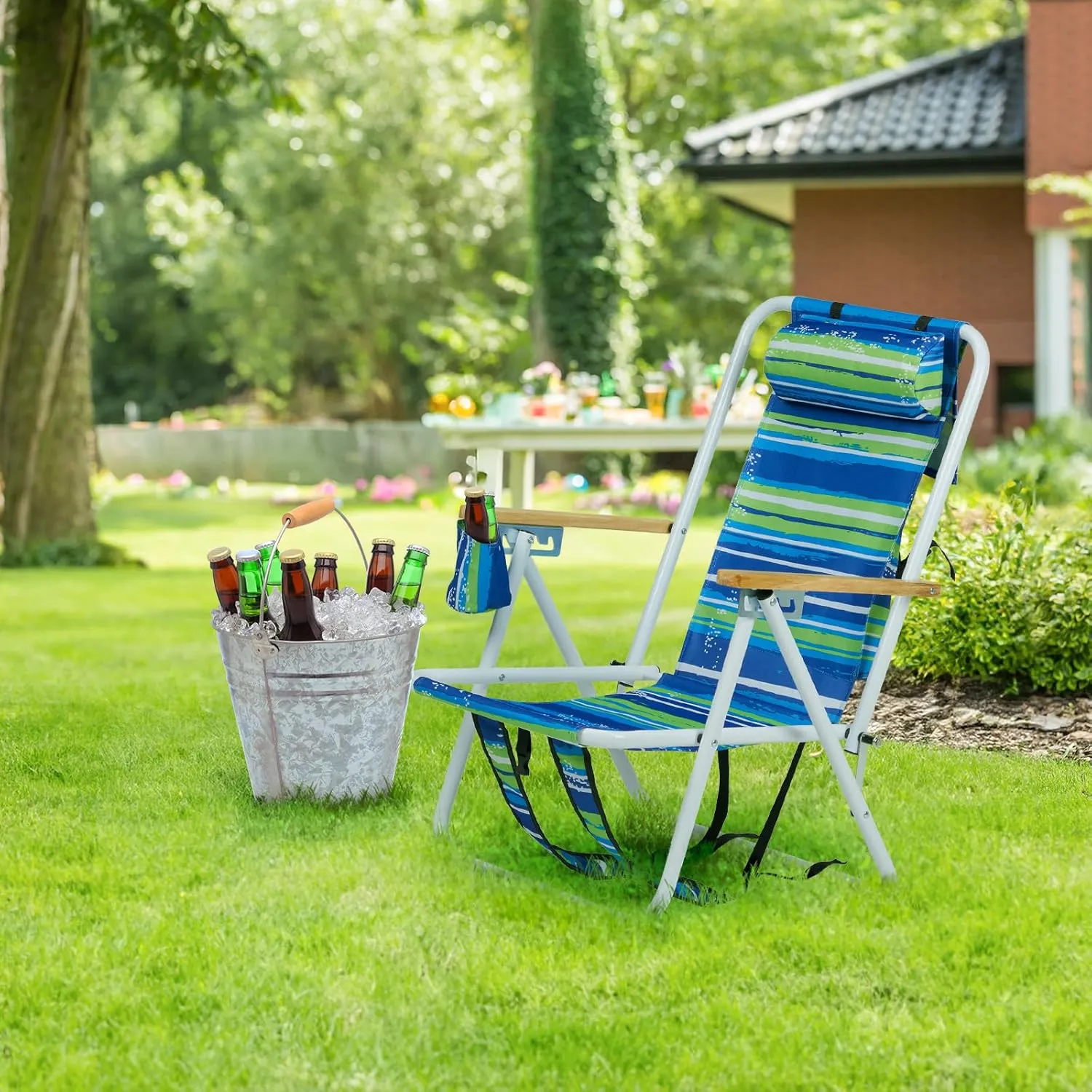 Folding Beach Chair - 4 Position Reclining, Portable Backpack Design, Headrest, Cup Holder & Wooden Armrests, Heavy-Duty Steel Frame, Perfect for Camping, Beach, and Outdoor Use (1, Blue & Green)