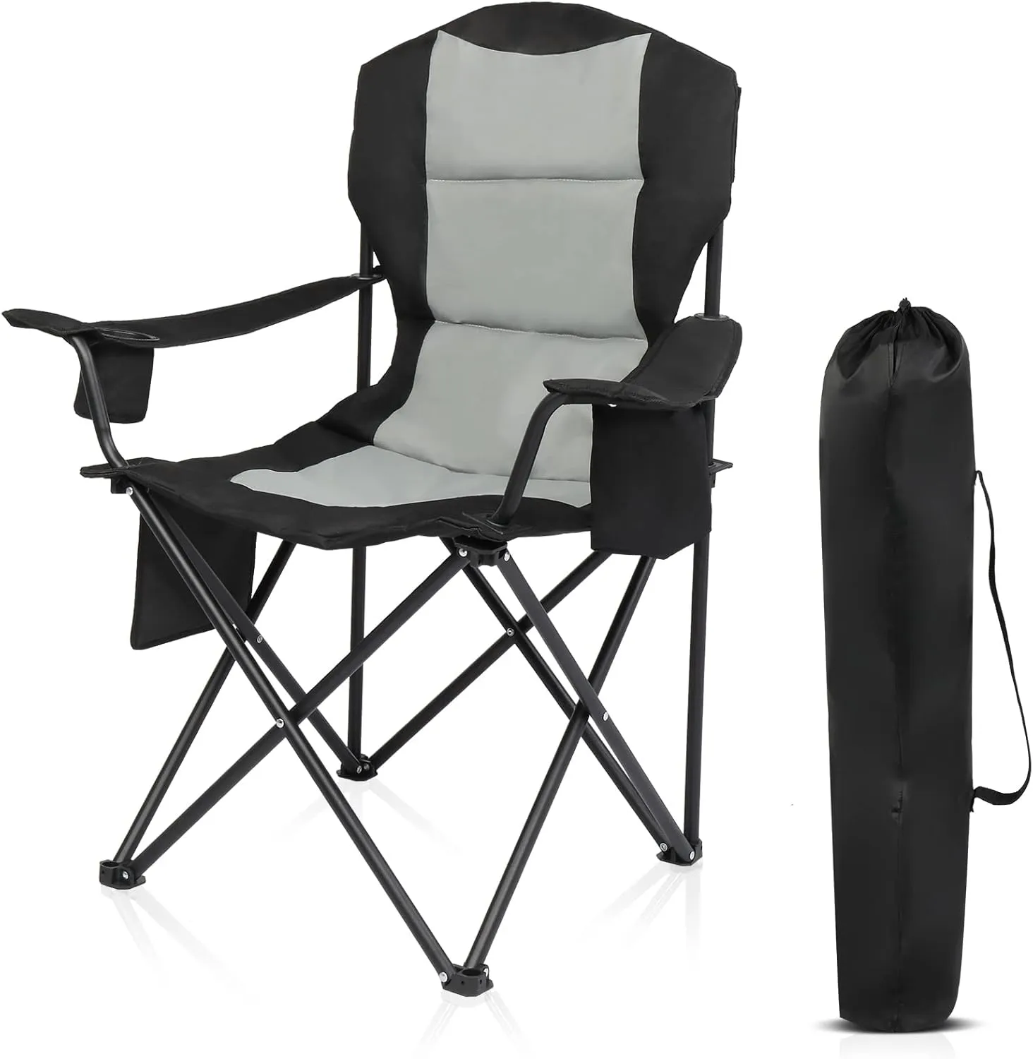 Folding Camping Chair - 330lbs Support with Padded Cushion Cooler Pockets - Heavy Duty Collapsible Chairs for Sports Garden Beach, Grey