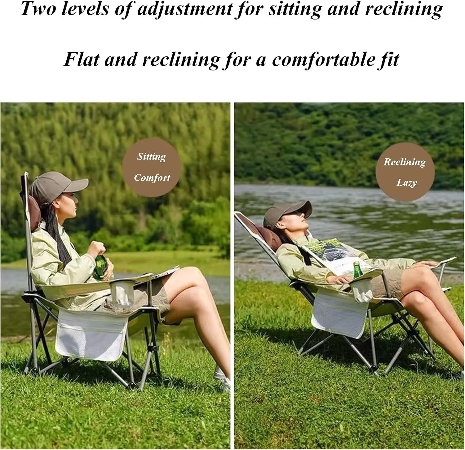 Folding Camping Chair Heavy Duty Padded Outdoor Chair with Side Pocket, Carry Bag Included, 120 KG Weight Capacity, Thicken 600D Oxford Lightweight Beach Chair, Grey