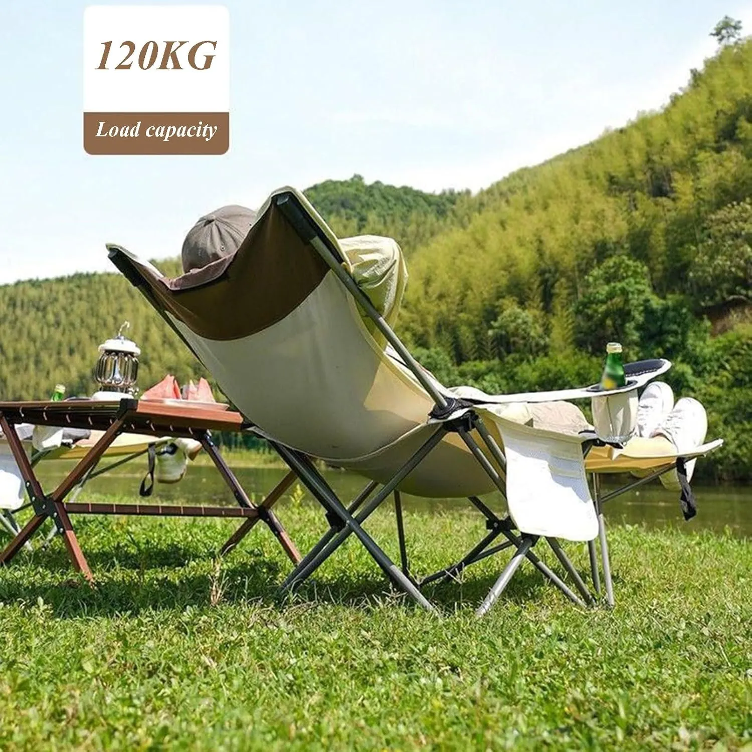 Folding Camping Chair Heavy Duty Padded Outdoor Chair with Side Pocket, Carry Bag Included, 120 KG Weight Capacity, Thicken 600D Oxford Lightweight Beach Chair, Grey
