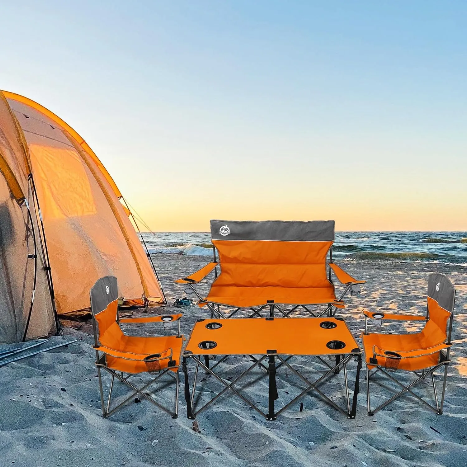 Folding Camping Chair Set of 4, Portable Collapsible Conversation Set w/1 Sofa, 2 Single Chairs, 1 Table for Family Patio, Outdoor Travel, Beach(Orange)