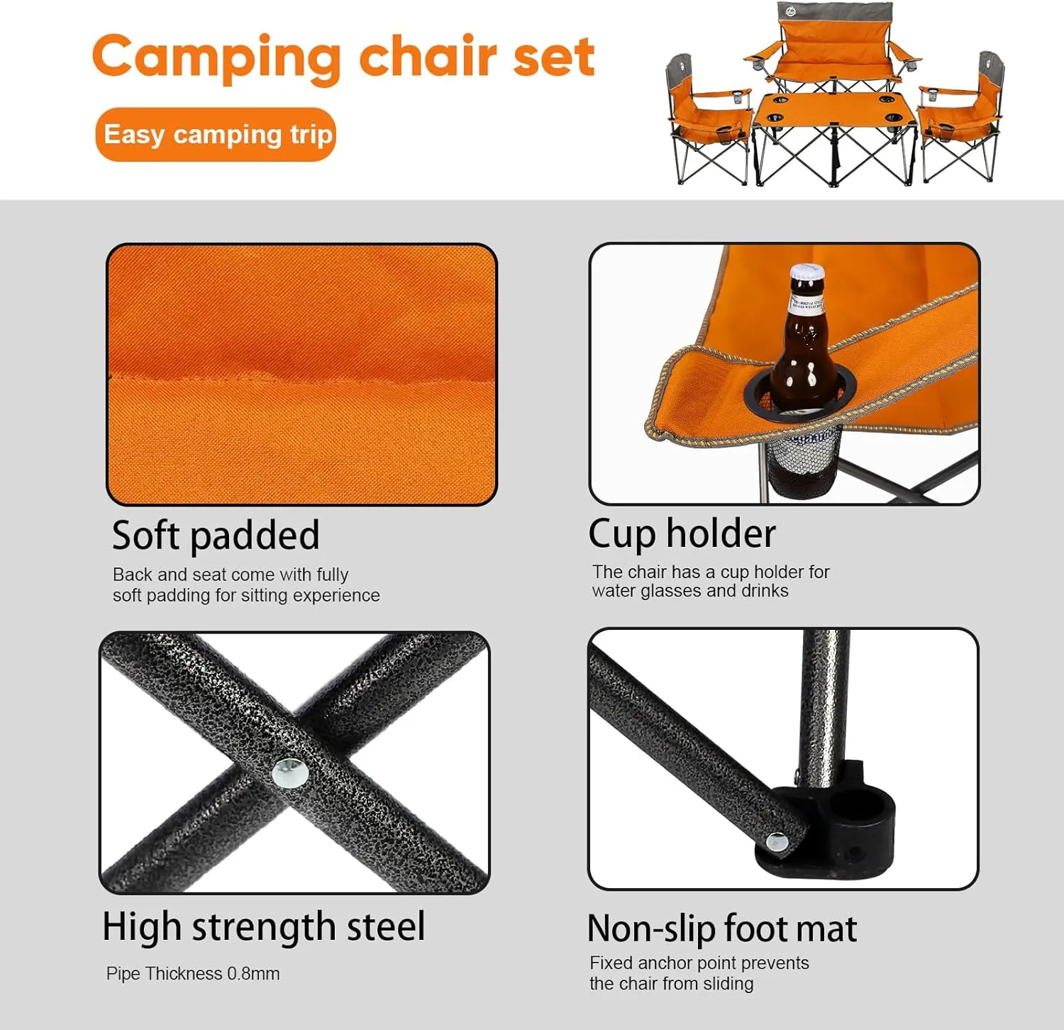 Folding Camping Chair Set of 4, Portable Collapsible Conversation Set w/1 Sofa, 2 Single Chairs, 1 Table for Family Patio, Outdoor Travel, Beach(Orange)