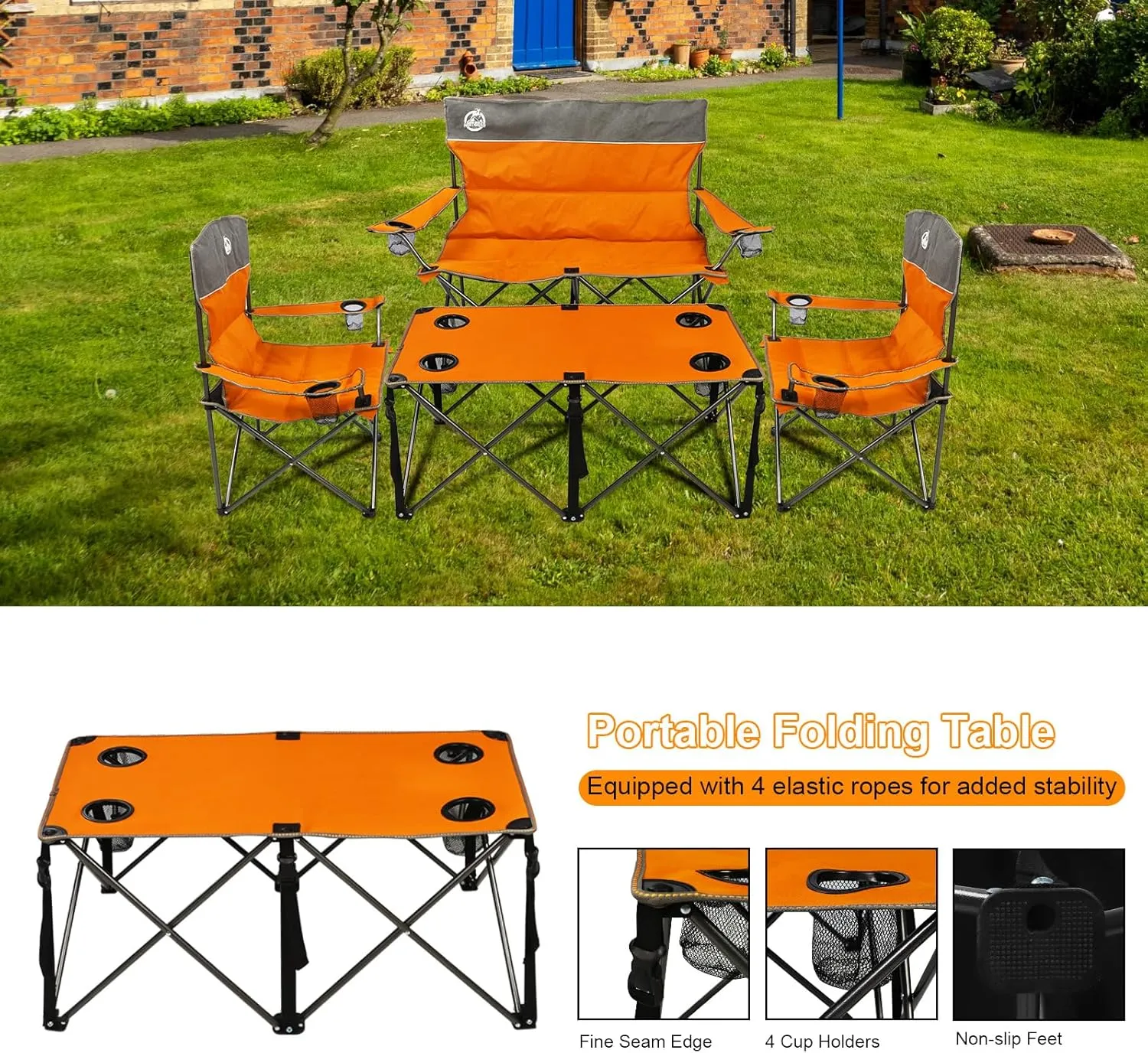 Folding Camping Chair Set of 4, Portable Collapsible Conversation Set w/1 Sofa, 2 Single Chairs, 1 Table for Family Patio, Outdoor Travel, Beach(Orange)