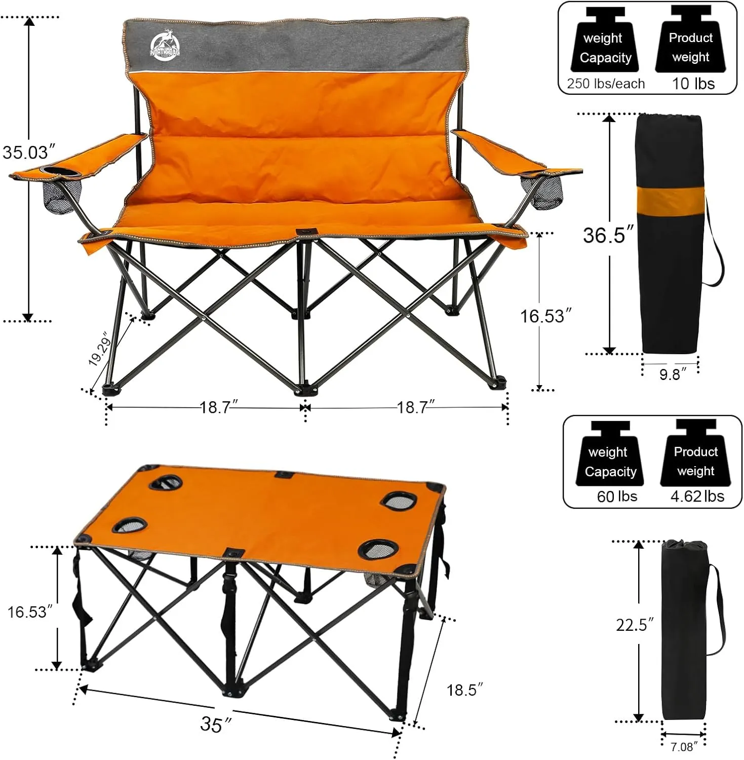 Folding Camping Chair Set of 4, Portable Collapsible Conversation Set w/1 Sofa, 2 Single Chairs, 1 Table for Family Patio, Outdoor Travel, Beach(Orange)