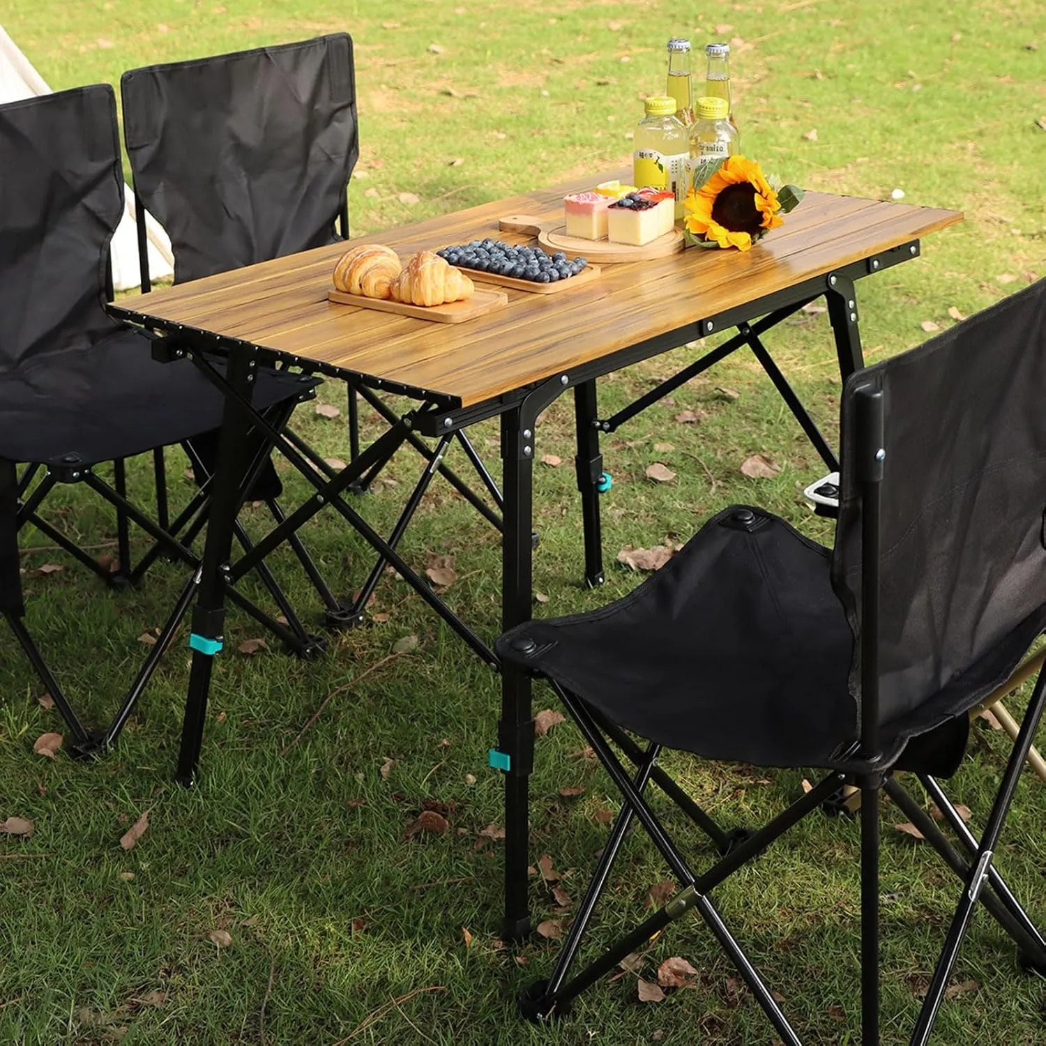 Folding Camping Table & airs Set, Portable Lightweight Picnic Table Adjustable Height Aluminum Table Collapsible Padded Arm air for Outdoor Cooking Bea Hiking Fishing