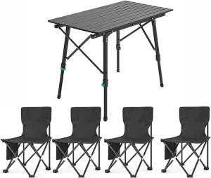 Folding Camping Table & airs Set, Portable Lightweight Picnic Table Adjustable Height Aluminum Table Collapsible Padded Arm air for Outdoor Cooking Bea Hiking Fishing