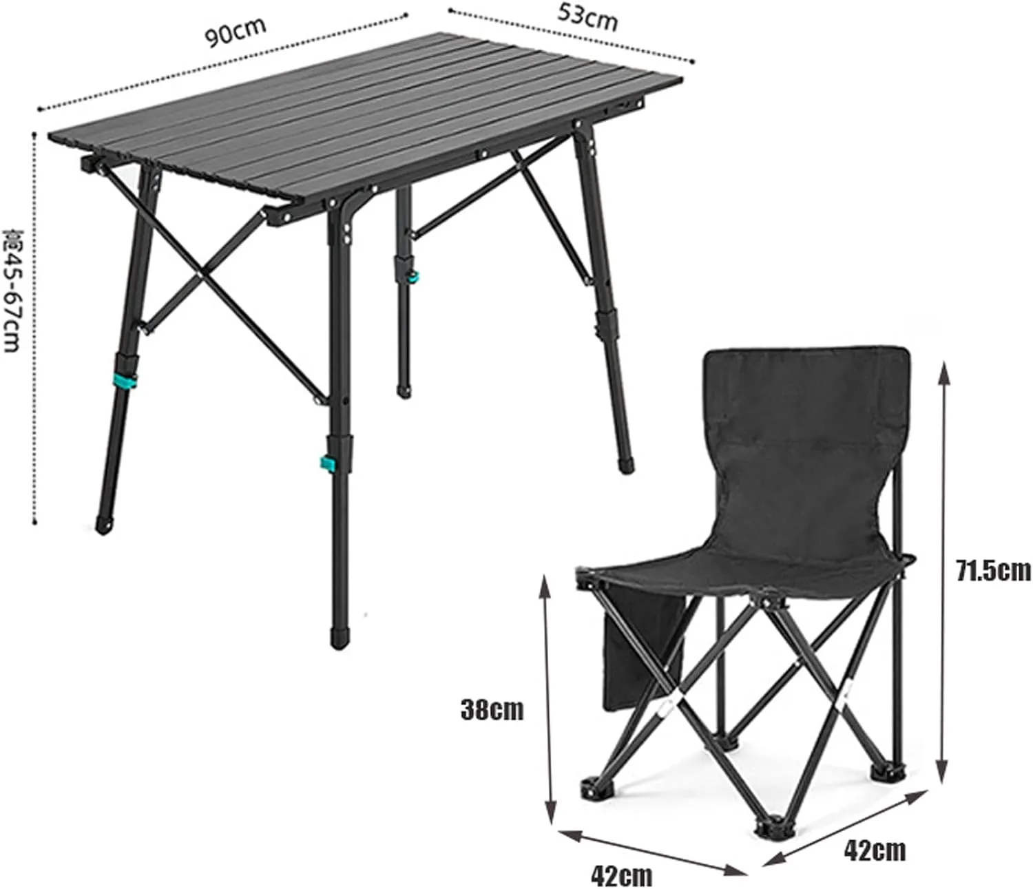 Folding Camping Table & airs Set, Portable Lightweight Picnic Table Adjustable Height Aluminum Table Collapsible Padded Arm air for Outdoor Cooking Bea Hiking Fishing