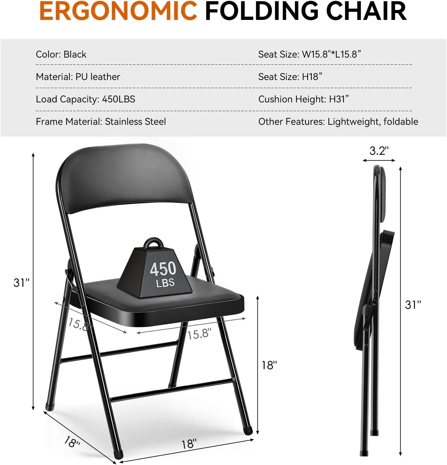 Folding Chairs with Padded Seats - 4 Pack Padded Folding Chair with Steel Frame for Home and Office, Indoor and Outdoor Events, 330 Pound Capacity (Black, Set of 4)