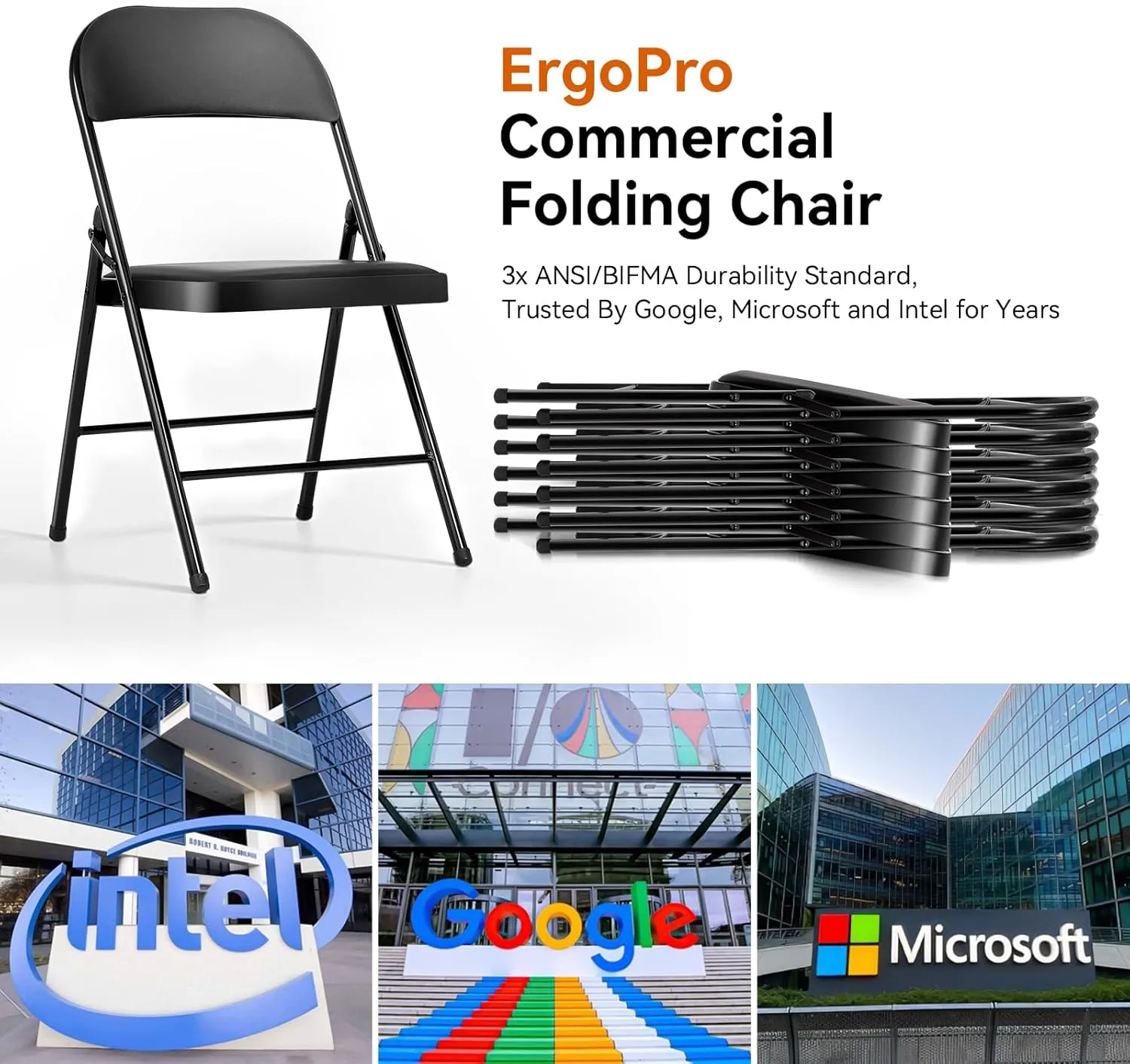 Folding Chairs with Padded Seats - 4 Pack Padded Folding Chair with Steel Frame for Home and Office, Indoor and Outdoor Events, 330 Pound Capacity (Black, Set of 4)