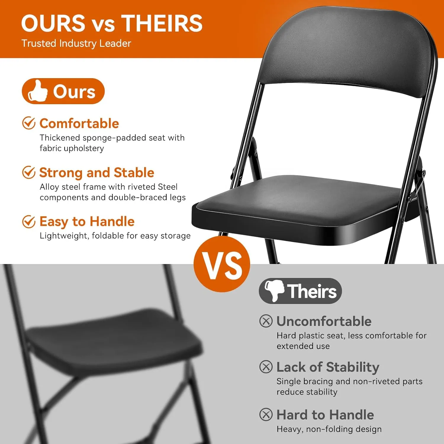 Folding Chairs with Padded Seats - 4 Pack Padded Folding Chair with Steel Frame for Home and Office, Indoor and Outdoor Events, 330 Pound Capacity (Black, Set of 4)