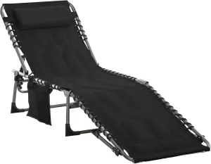 Folding Chaise Lounge Chair,Outdoor 6-Level Reclining Camping Tanning Chair with Headrest for Beach,Yard,Patio,Pool,Black