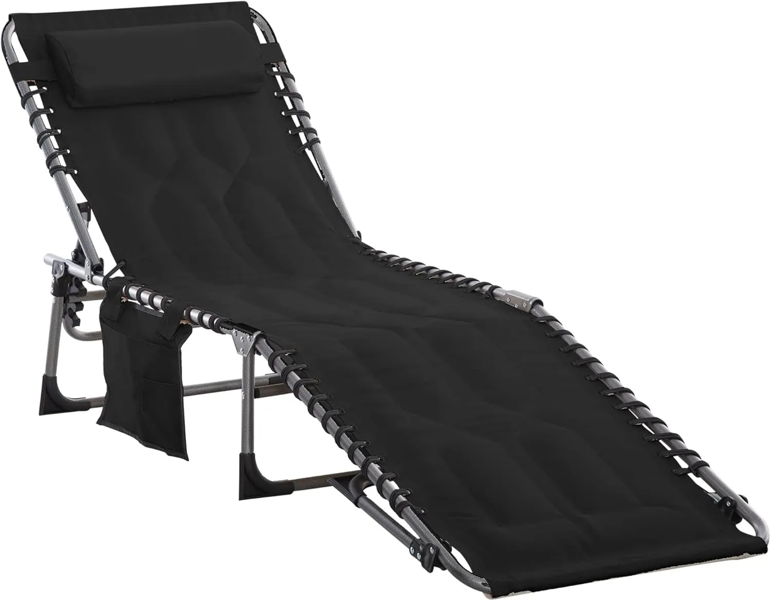 Folding Chaise Lounge Chair,Outdoor 6-Level Reclining Camping Tanning Chair with Headrest for Beach,Yard,Patio,Pool,Black