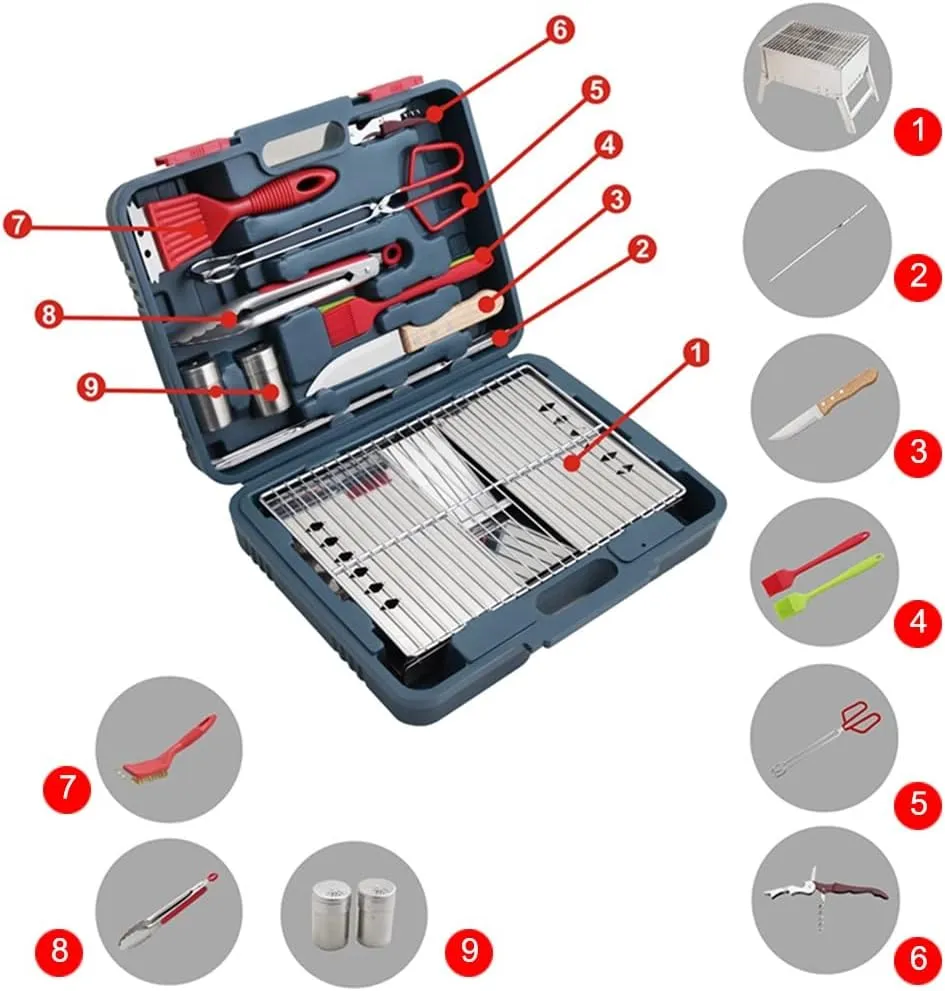 Folding Charcoal Grill Set, Portable Folded Hibachi Grill BBQ Tool Kits for Outdoor Patio Picnics Beach Camping Cooking Traveling (Blue 38 * 30cm)