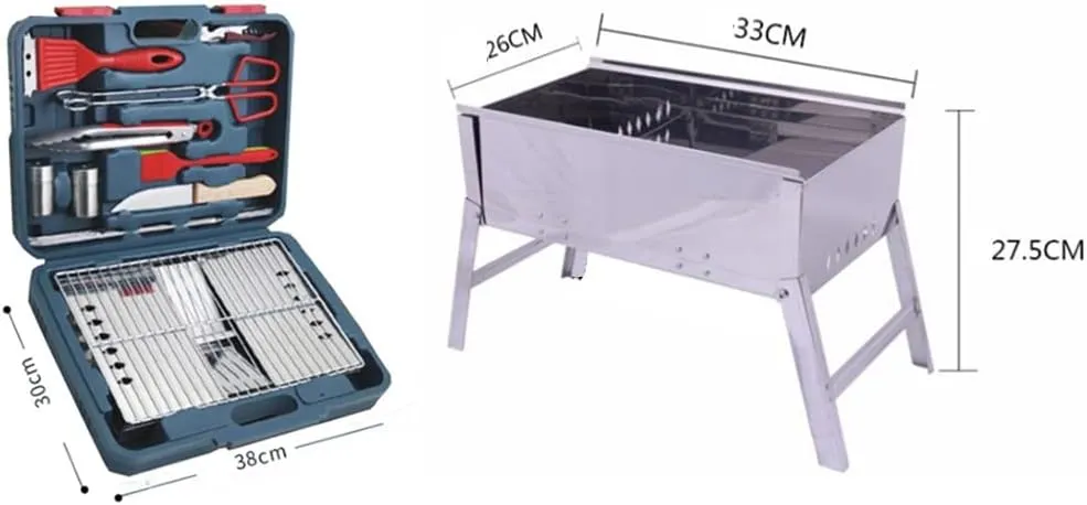Folding Charcoal Grill Set, Portable Folded Hibachi Grill BBQ Tool Kits for Outdoor Patio Picnics Beach Camping Cooking Traveling (Blue 38 * 30cm)