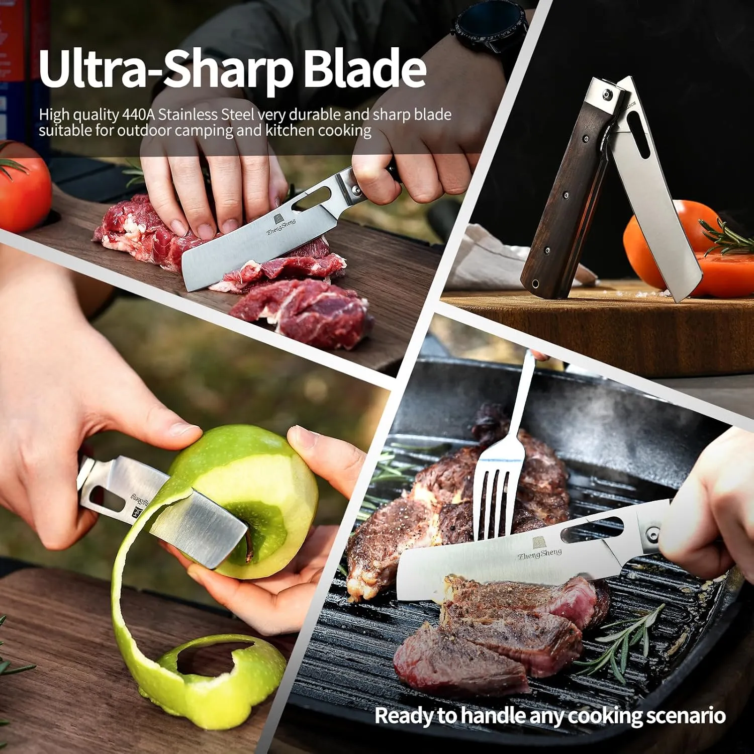 Folding Chef Knife with Leather Pouch 4.8" Sharp 440A Stainless Steel Blade Wooden Handle Pocket Foldable Japanese Style Kitchen Knife for Outdoor Camping Cooking.