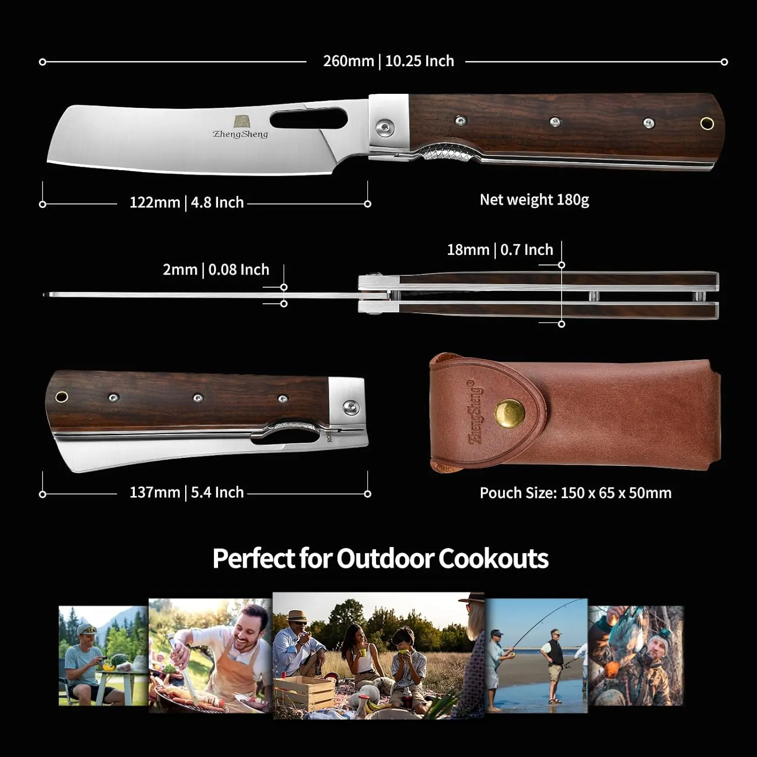 Folding Chef Knife with Leather Pouch 4.8" Sharp 440A Stainless Steel Blade Wooden Handle Pocket Foldable Japanese Style Kitchen Knife for Outdoor Camping Cooking.