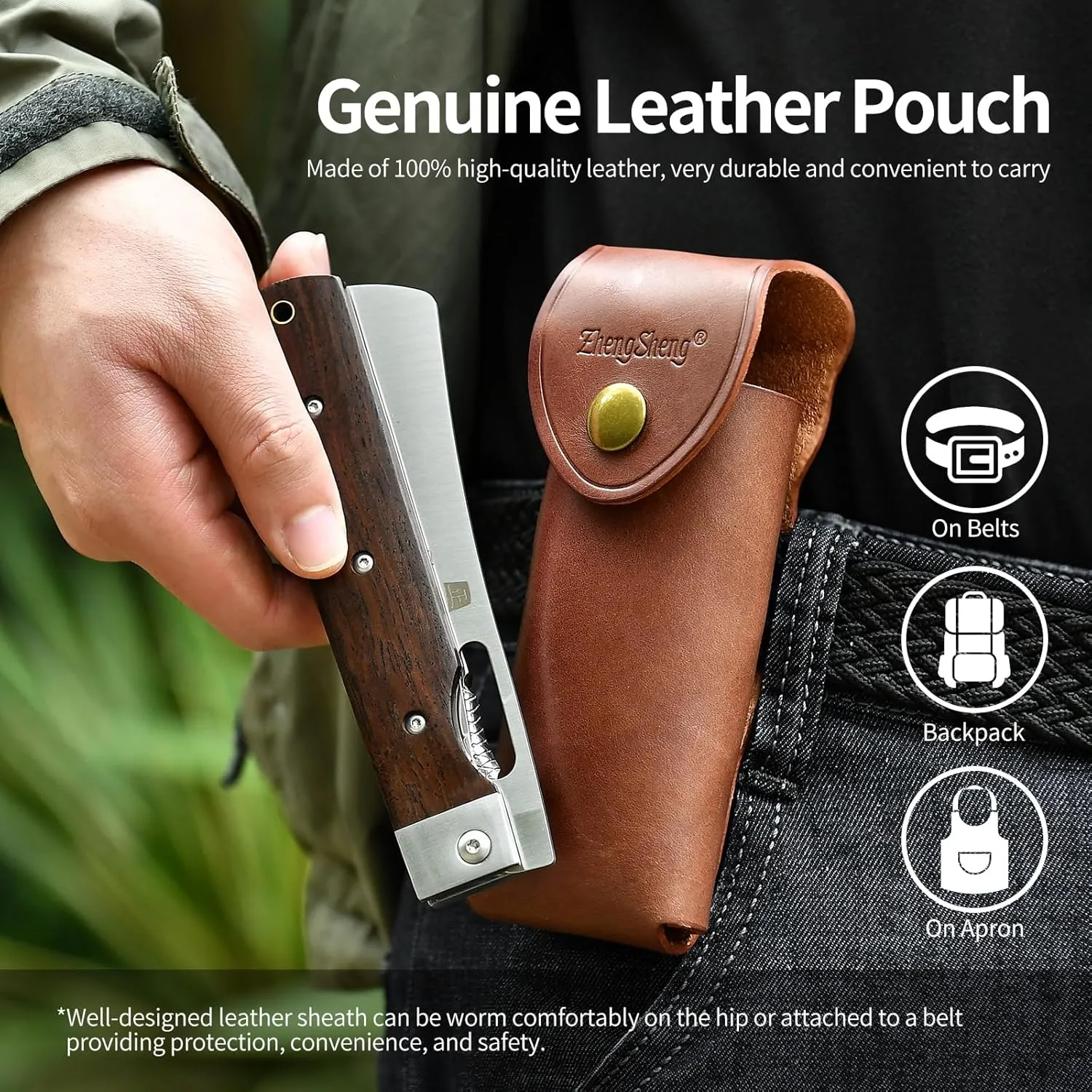 Folding Chef Knife with Leather Pouch 4.8" Sharp 440A Stainless Steel Blade Wooden Handle Pocket Foldable Japanese Style Kitchen Knife for Outdoor Camping Cooking.