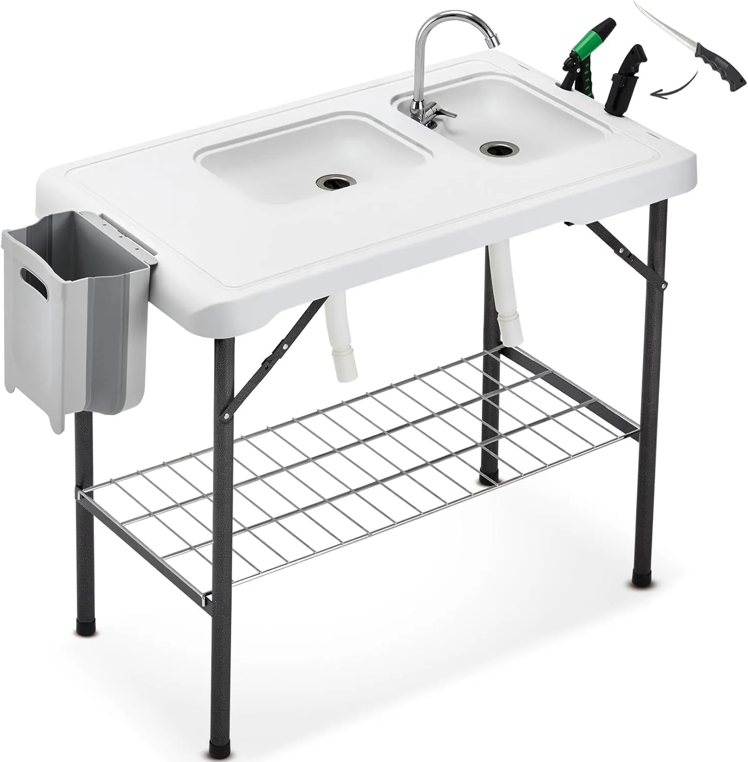 Folding Fish Cleaning Table Portable Camping Double Sinks Table w/2 Dual Water Basins, Faucet Drainage Hose & Sprayer Outdoor Fish Fillet Cleaning Station w/Knife, Storage Box,Black