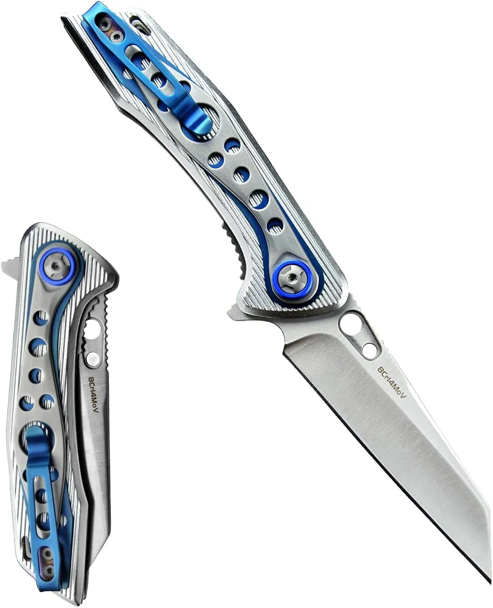 Folding Knife with 8Cr14MoV Blade Camping Pocket Knife With Aluminum and Steel Handle Hunting Knife with 2-Position Pocket Clip