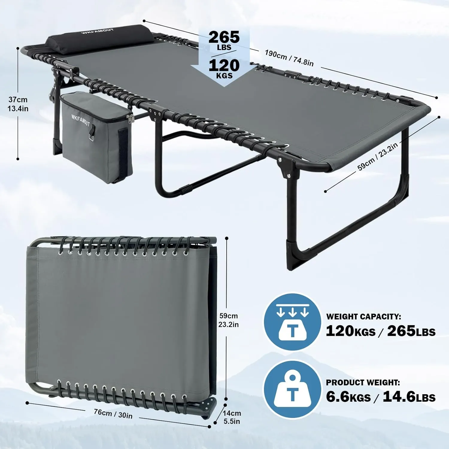 Folding Lounge Chair Outdoor with Insulated Cooler Bag Portable for Outside Patio Chaise Lounge Chair 5-Position with Pillow for Beach Sunbathing Pool Camping Lawn