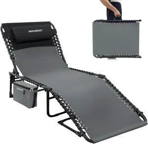 Folding Lounge Chair Outdoor with Insulated Cooler Bag Portable for Outside Patio Chaise Lounge Chair 5-Position with Pillow for Beach Sunbathing Pool Camping Lawn