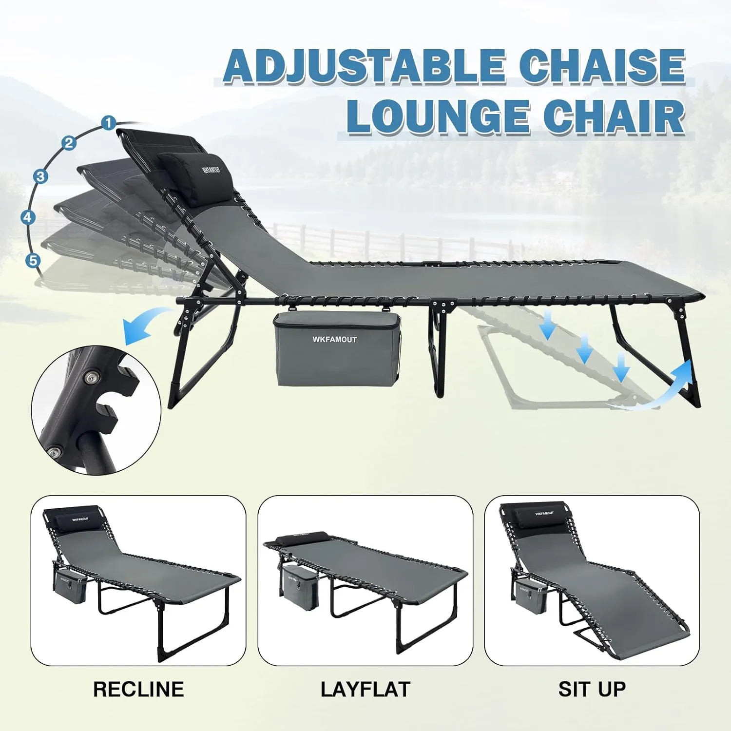 Folding Lounge Chair Outdoor with Insulated Cooler Bag Portable for Outside Patio Chaise Lounge Chair 5-Position with Pillow for Beach Sunbathing Pool Camping Lawn