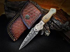 Folding Pocket Knife Dagger Custom Handcrafted Damascus Steel 7.5 inches Olive Burl Wood Handle and Engraved Copper Bolster with Leather Sheath Perfect Gift for All Occasions CLKFOL1102