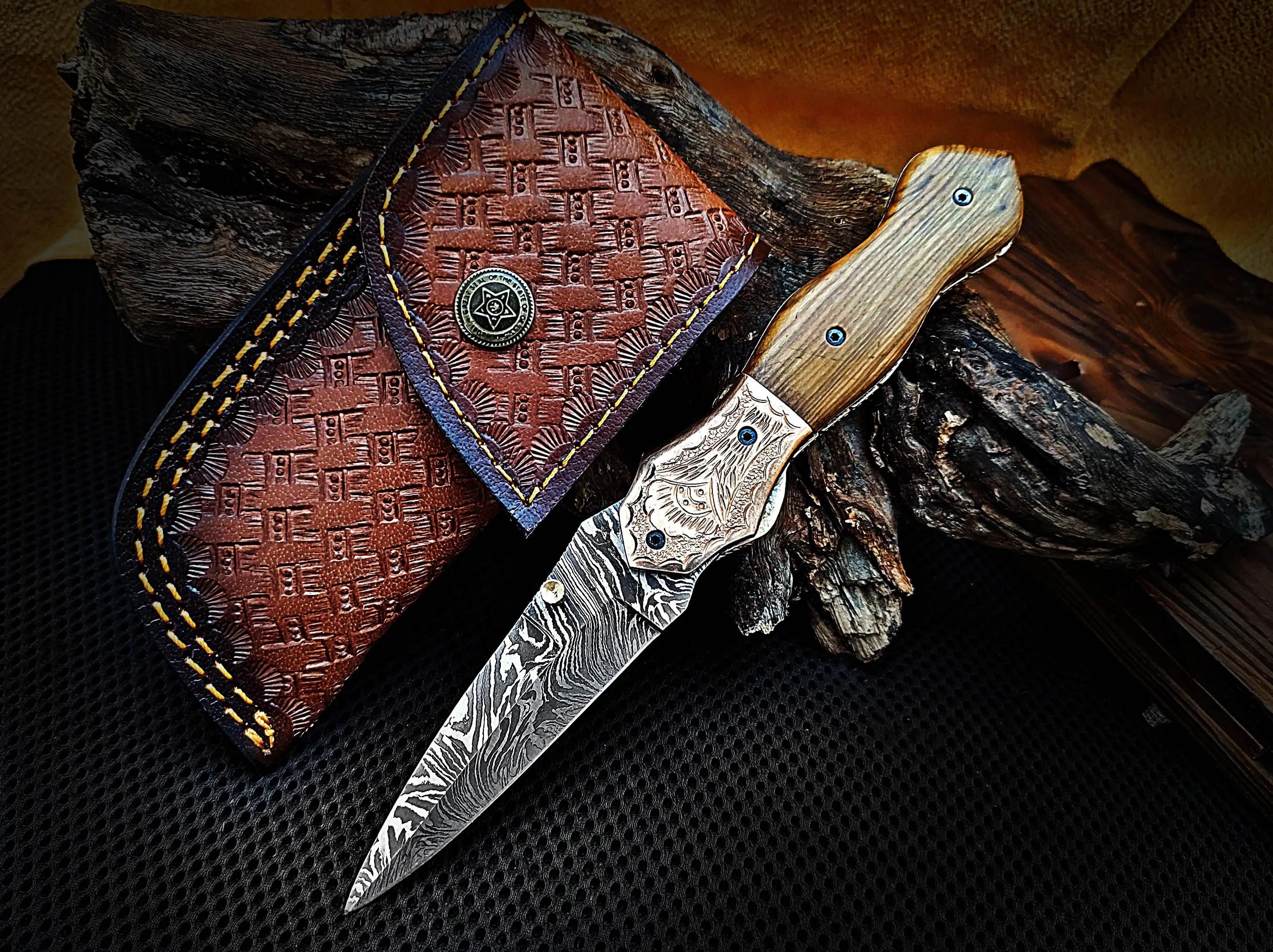 Folding Pocket Knife Dagger Custom Handcrafted Damascus Steel 7.5 inches Olive Burl Wood Handle and Engraved Copper Bolster with Leather Sheath Perfect Gift for All Occasions CLKFOL1102