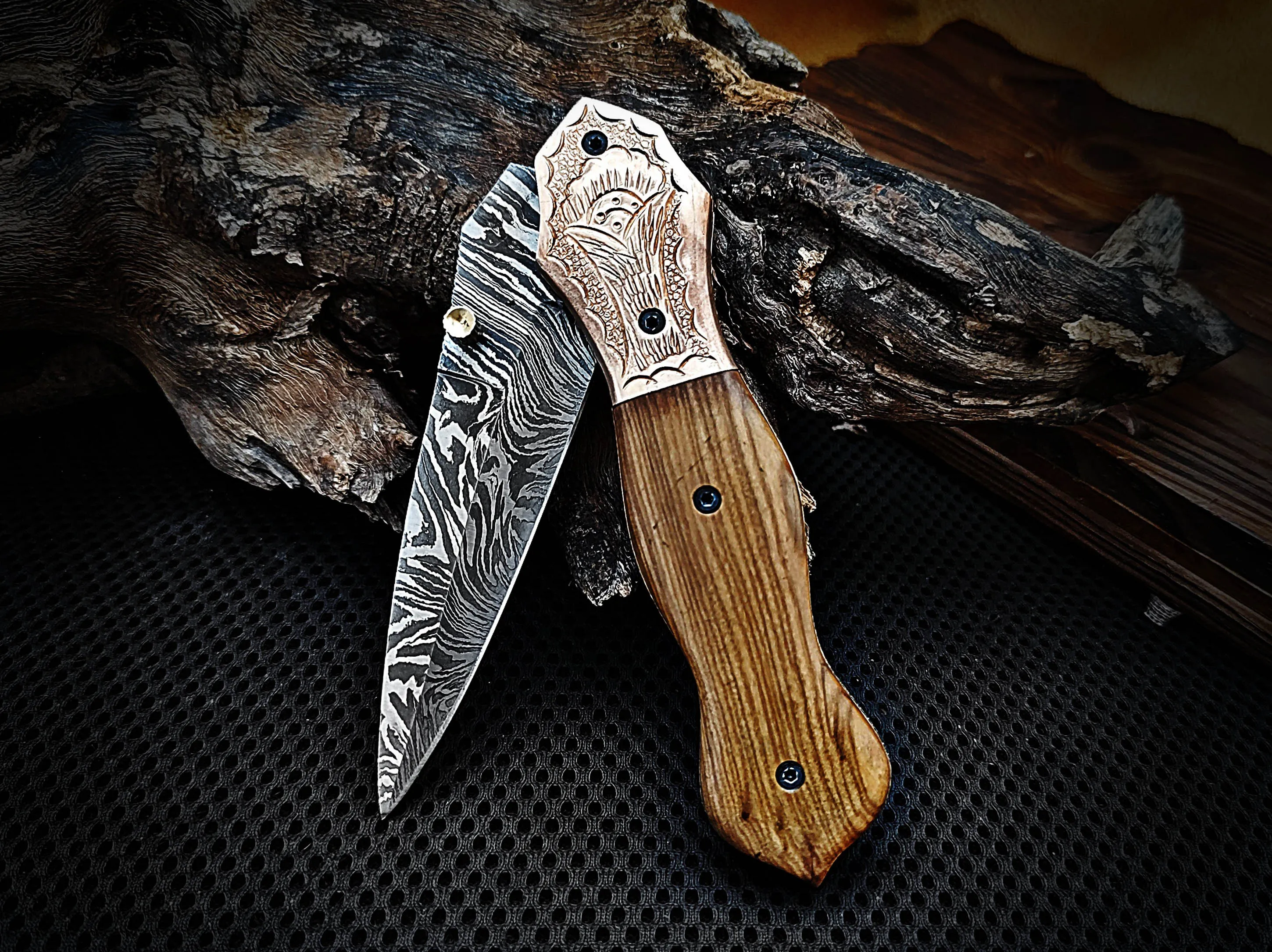 Folding Pocket Knife Dagger Custom Handcrafted Damascus Steel 7.5 inches Olive Burl Wood Handle and Engraved Copper Bolster with Leather Sheath Perfect Gift for All Occasions CLKFOL1102
