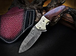 Folding Pocket Knife Walnut Wood Handle and Engraved Brass Bolster 8.0 inches Custom Handcrafted Damascus Steel with Leather Sheath Perfect Gift for Your Loved Ones CLKFOL1105