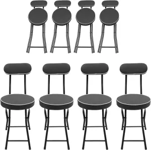 Folding Stool Chair with Backrest, Leather Cushioned Padded Foldable Stools,18.9in Seat Height Collapsible Portable Folding Bar Chairs for Outdoor Camping Sport Tailgates Beach Fishing-Black