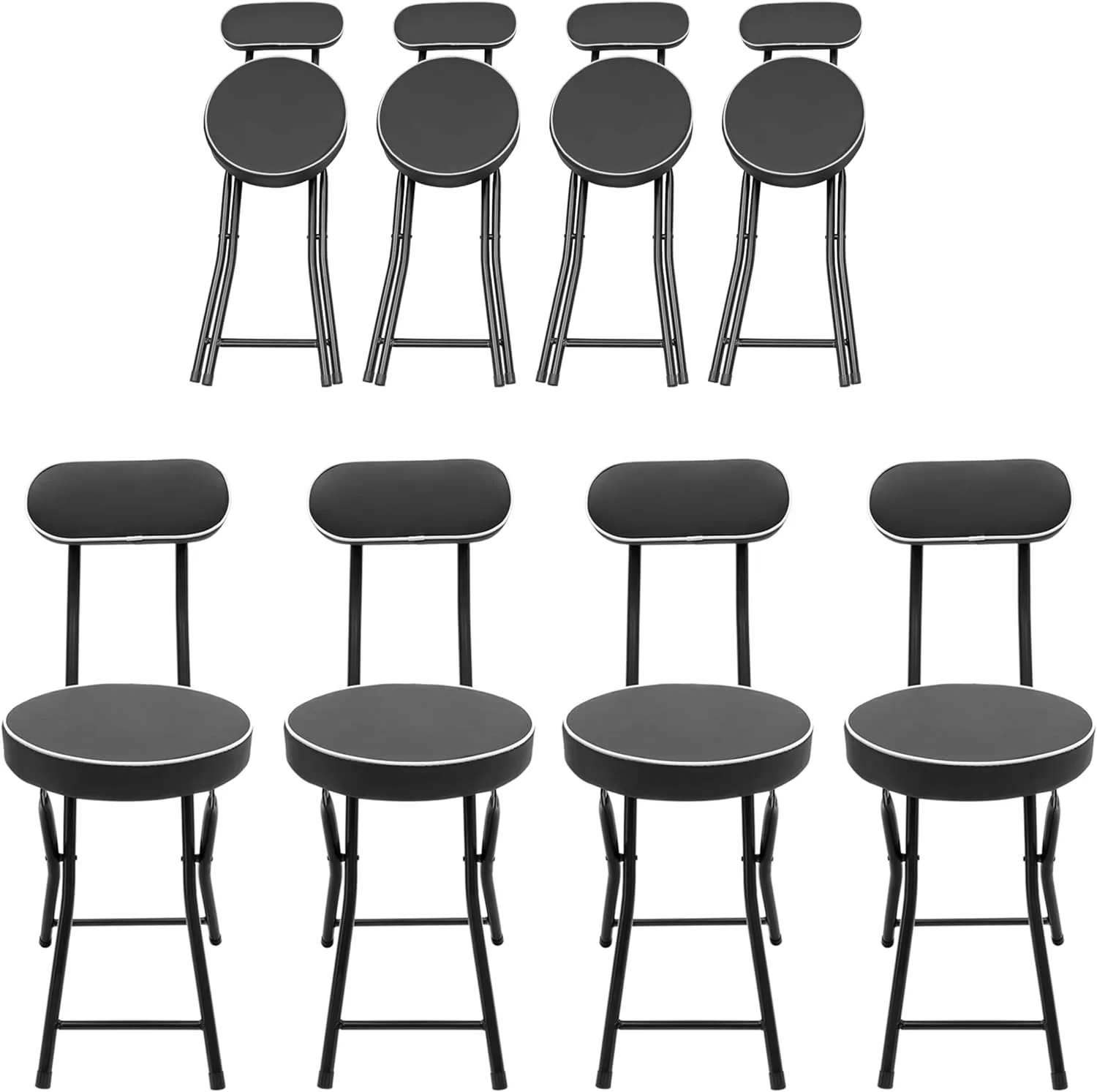 Folding Stool Chair with Backrest, Leather Cushioned Padded Foldable Stools,18.9in Seat Height Collapsible Portable Folding Bar Chairs for Outdoor Camping Sport Tailgates Beach Fishing-Black