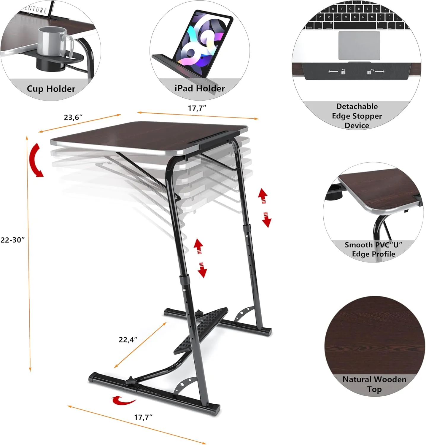 FoldWise Upgraded Folding TV Tray Table - Extra Large & Sturdy Laptop Table for Couch, Height & Angle Adjustable Desk for Dinner, Work & TV - Includes Footrest, Cup Holder, iPad Holder & Edge Stopper