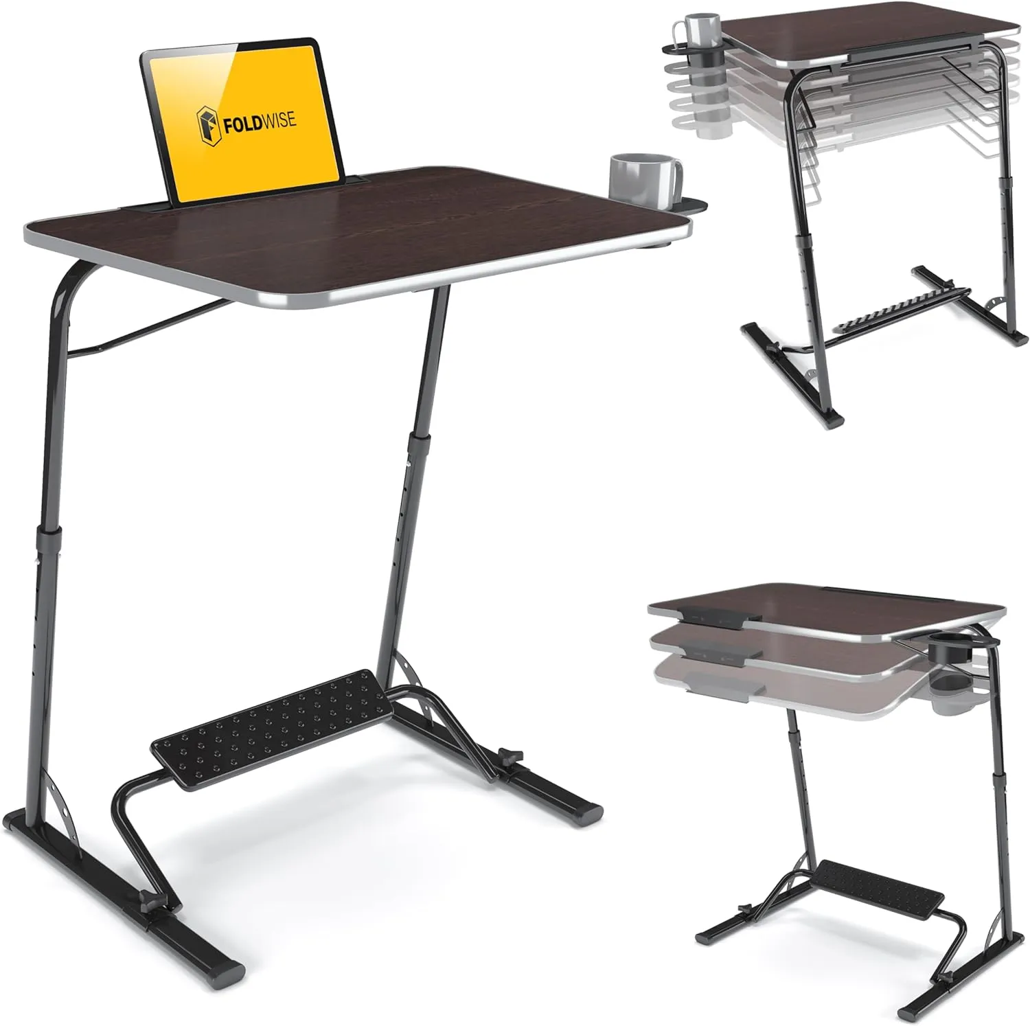 FoldWise Upgraded Folding TV Tray Table - Extra Large & Sturdy Laptop Table for Couch, Height & Angle Adjustable Desk for Dinner, Work & TV - Includes Footrest, Cup Holder, iPad Holder & Edge Stopper