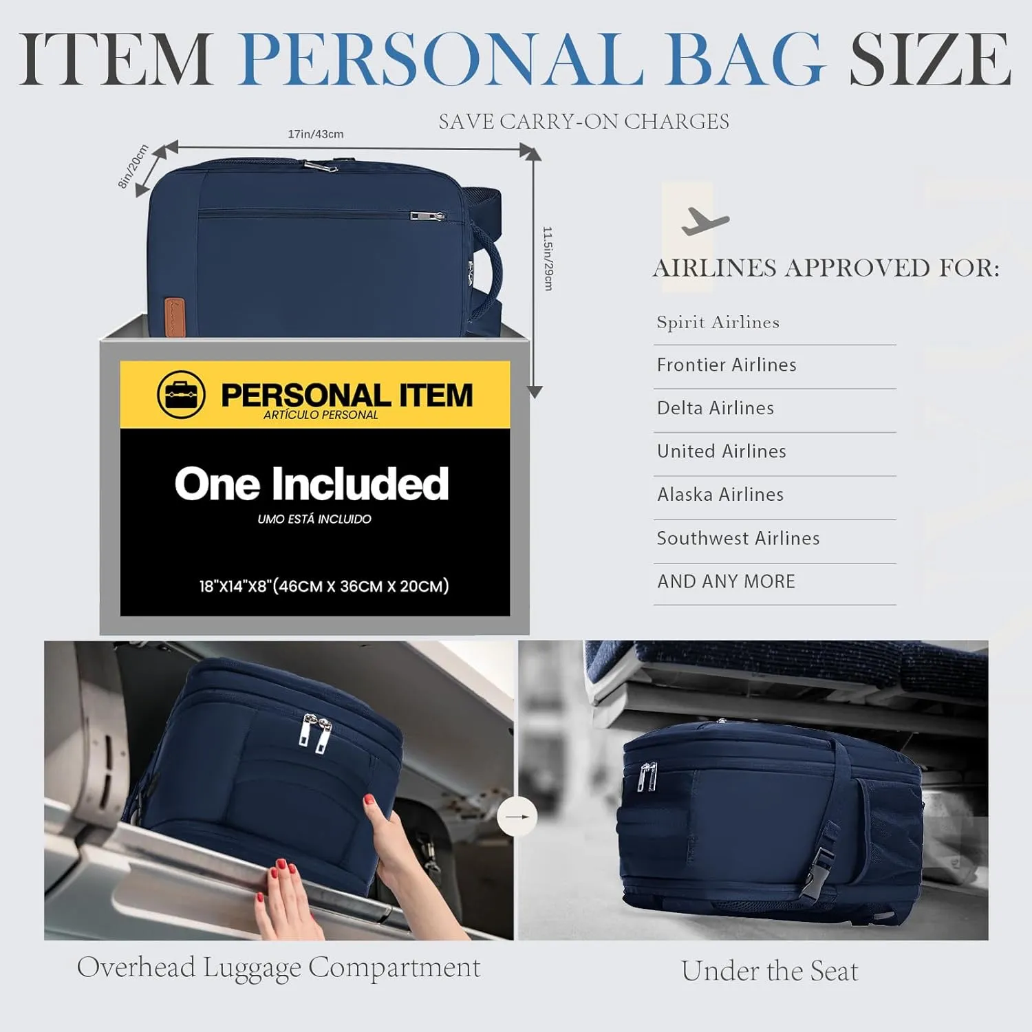 for Spirit Airlines Personal Item Bag 18x14x8 Inches Frontier Airlines Personal Item Bag Travel Backpack Carry on Flight Approved Carry on Backpack for traveling on airplane