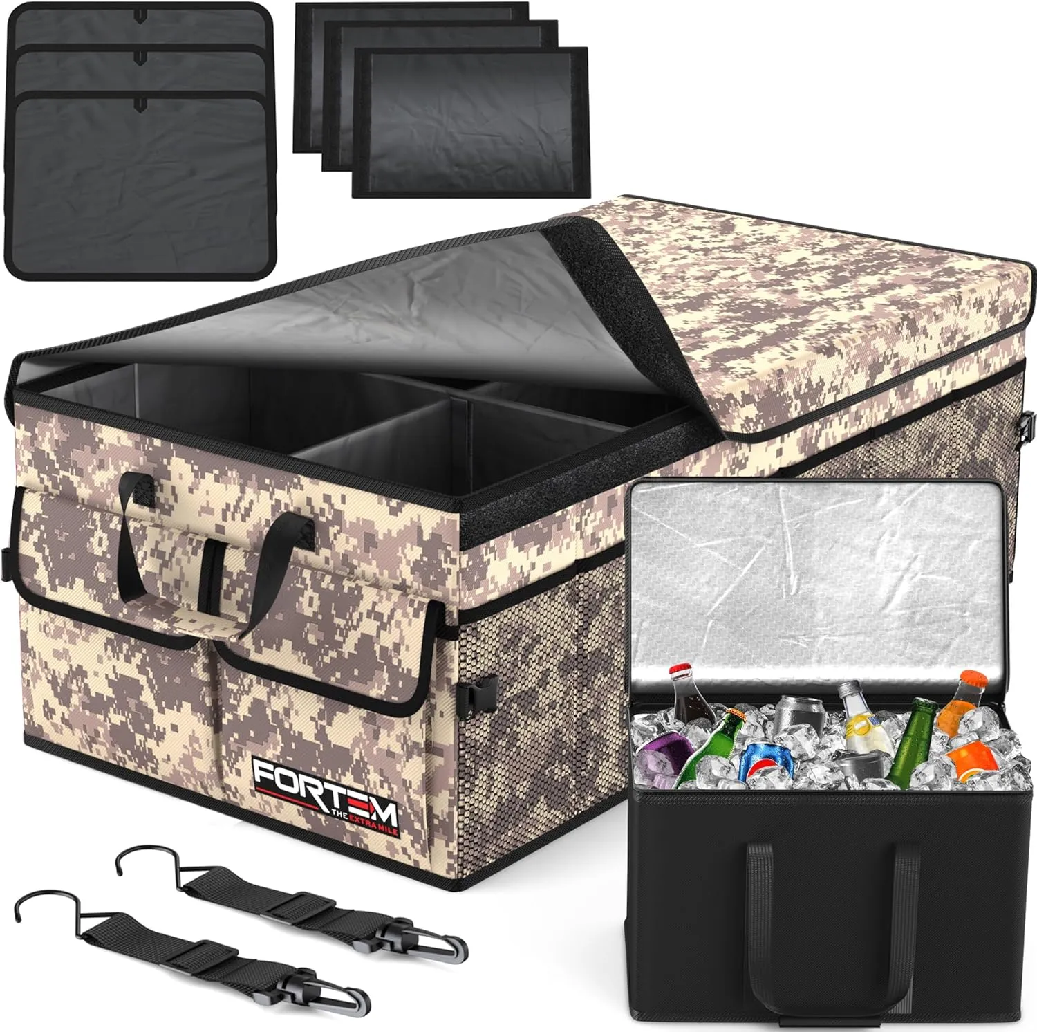 FORTEM Car Trunk Organizer with Cooler, Car Storage Organizer, Collapsible Multi Compartment Car Organizer, SUV Trunk Organizer, Non Slip Bottom, Adjustable Straps Soft Cover (Desert, XXL)