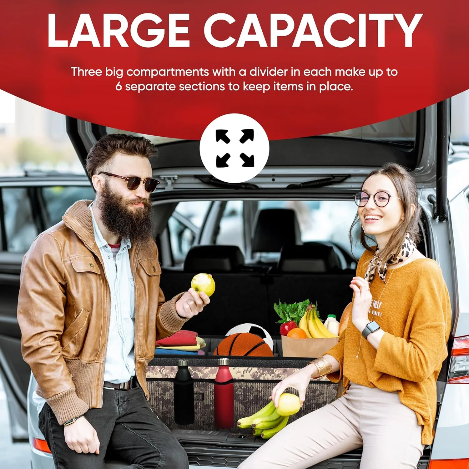 FORTEM Car Trunk Organizer with Cooler, Car Storage Organizer, Collapsible Multi Compartment Car Organizer, SUV Trunk Organizer, Non Slip Bottom, Adjustable Straps Soft Cover (Desert, XXL)