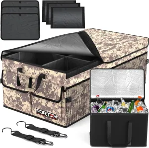 FORTEM Car Trunk Organizer with Cooler, Car Storage Organizer, Collapsible Multi Compartment Car Organizer, SUV Trunk Organizer, Non Slip Bottom, Adjustable Straps Soft Cover (Desert, XXL)