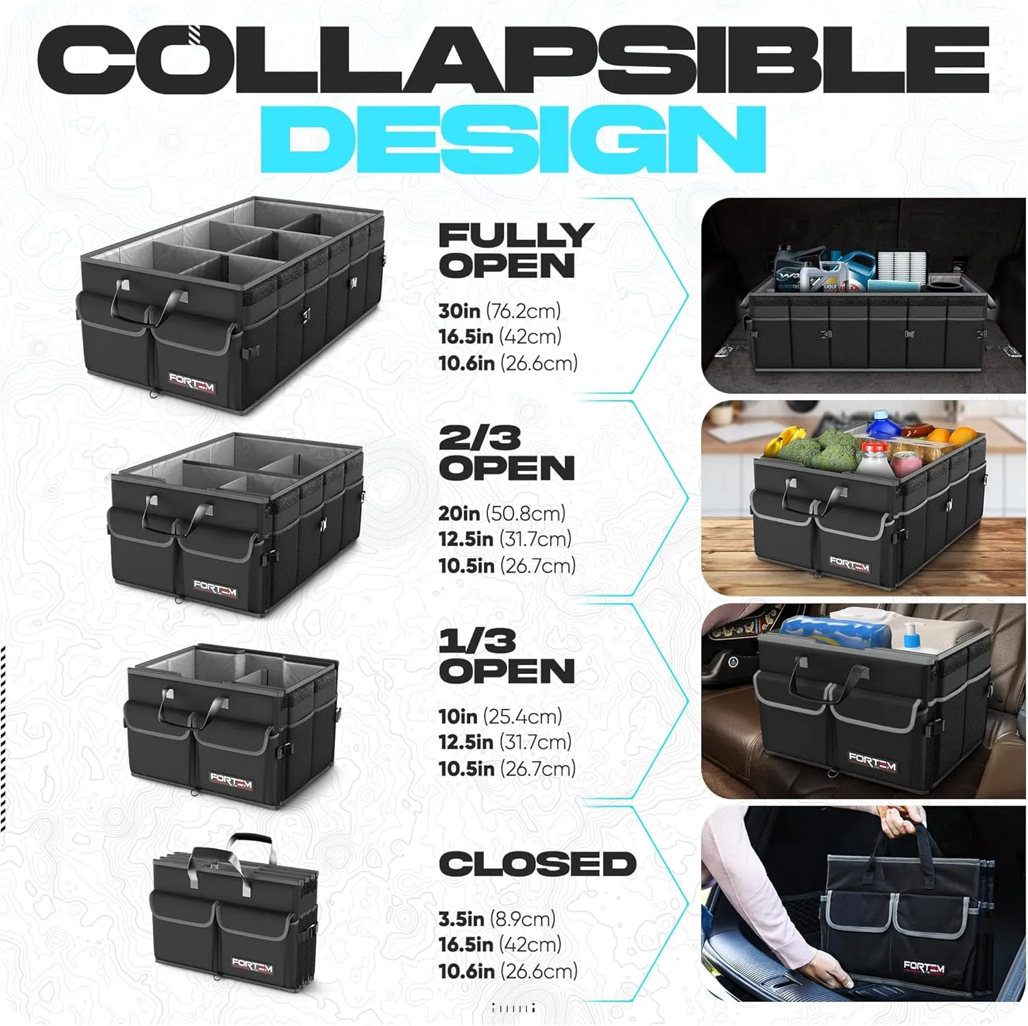 FORTEM Car Trunk Organizer with Cooler, Collapsible Multi Compartment SUV Organizer, Foldable Storage for Car Accessories for Women Men, 600D Oxford, Non Slip Bottom, Securing Straps Soft Cover (105L)