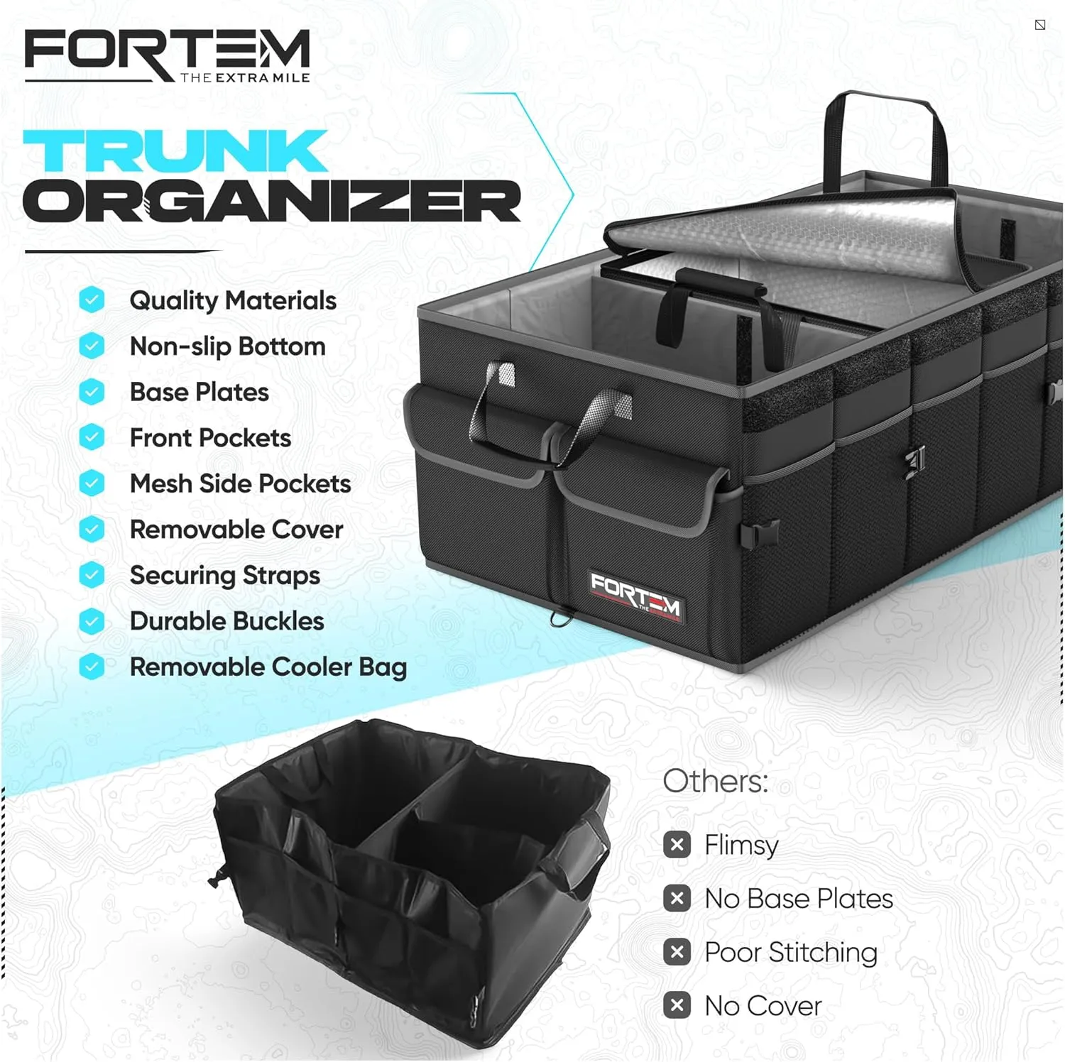 FORTEM Car Trunk Organizer with Cooler, Collapsible Multi Compartment SUV Organizer, Foldable Storage for Car Accessories for Women Men, 600D Oxford, Non Slip Bottom, Securing Straps Soft Cover (105L)