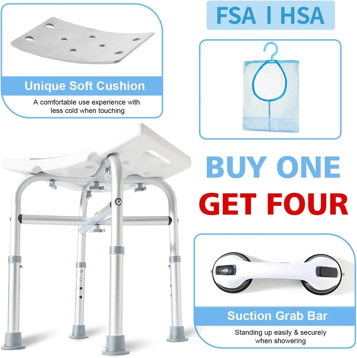 FSA Shower Chair for Inside Shower, Padded Shower Seat for Adults, Adjustable Bath Chairs for Bathtub, Shower Stool for Elderly/Senior/Handicap/Pregnant by SOUHEILO