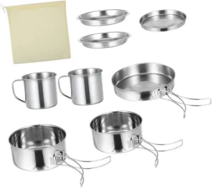 Full Camping Cookware Kit 8-Piece Stainless Steel Pot Pan Bowl Set Compact for Hiking Picnic and Outdoor Cooking Easy to Carry
