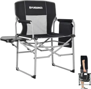 FUNDANGO Portable Lightweight Folding Camping Director Chair with Side Table Oversized Camp Chair Aluminum Fold Up Chair Outdoor Chairs for Picnic, Sports, BBQ, Fishing, Heavy Duty Holds up to 300lbs