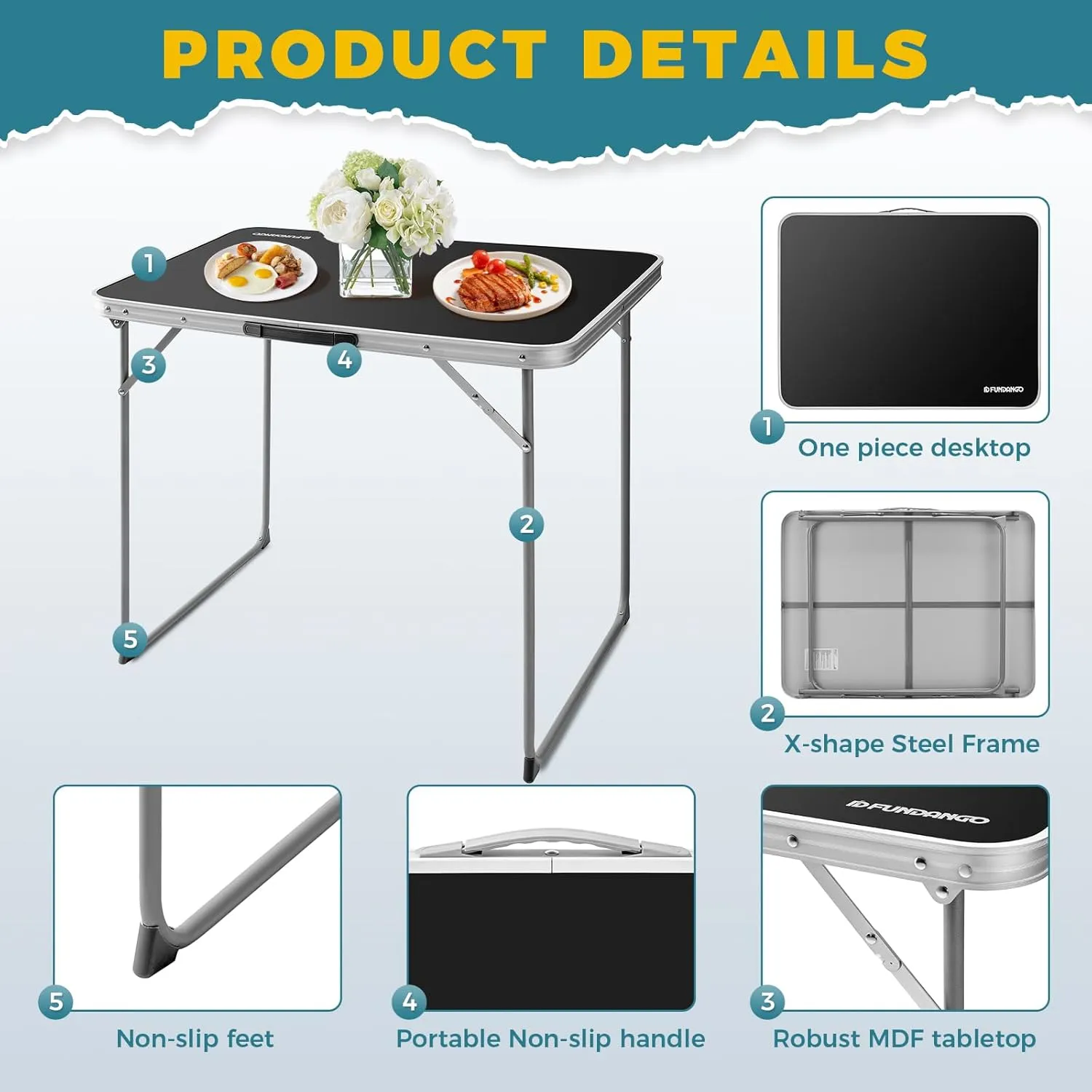 FUNDANGO Small Folding Table, Portable Lightweight Picnic Foldable Card Tables with Carry Handle for Outdoor Hiking BBQ Beach Backyard